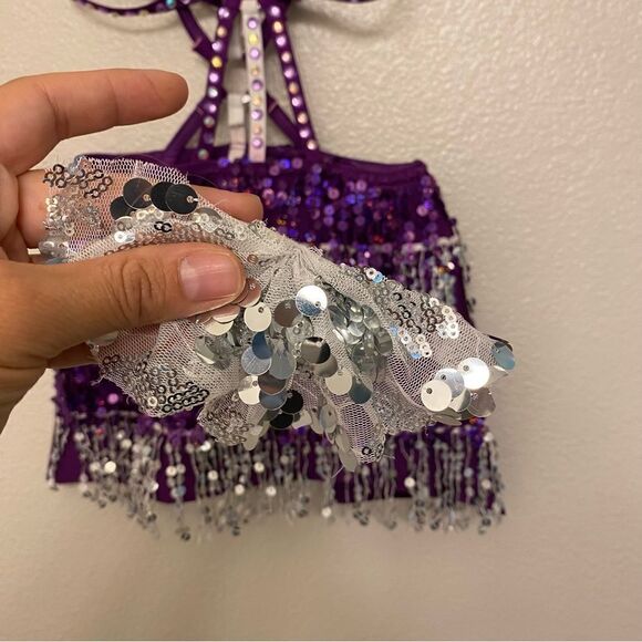 Glamour dance costume purple sequin gems rhinestone fringe embellished child M/L - Picture 12 of 14